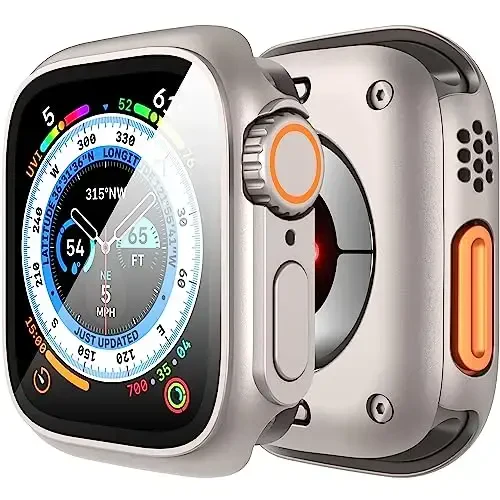 Suoman 3 in 1 Apple Watch Series 9/8/7/6/5/4/SE 2 45mm Case uchun, 9H закалённое стекло экран ҳимоячиси + To'liq qamrovli bardoshli PC qattiq mato himoya qopqog'i Bamper - Starlight - SUOMAN