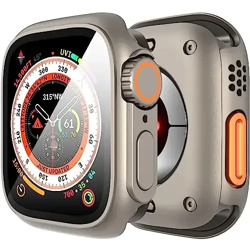 Suoman 3 in 1 Apple Watch Series 9/8/7/6/5/4/SE 2 45mm uchun g'ilof, 9H temperli shisha ekran himoyachisi+ To'liq qamrovli bardoshli PC qattiq mat himoya qopqog'i bamperi -Titanium - SUOMAN