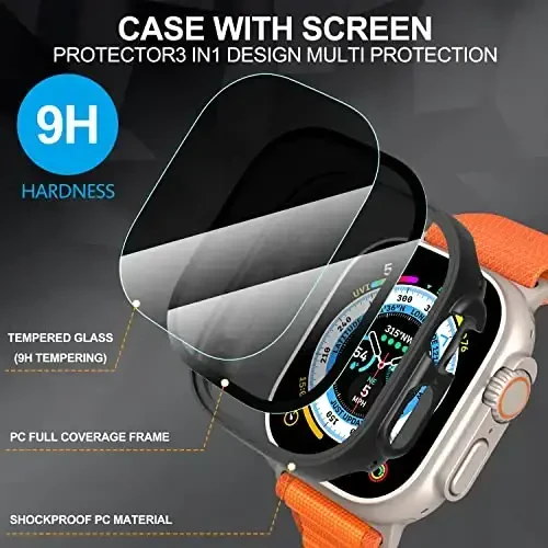 Suoman 3 in 1 Apple Watch Ultra 3/2/1 49mm suv o‘tkazmaydigan g‘ilofi, old shaxsiy temperlangan shisha ekran himoyachisi + orqa 360° himoya bamperi qopqog‘i-Qora - 4