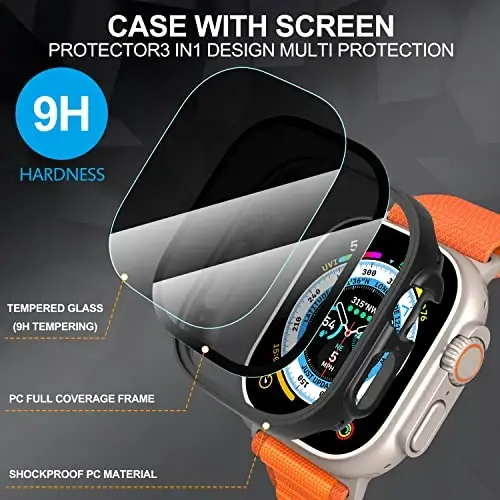 Suoman 3 in 1 Apple Watch Ultra 3/2/1 49mm suv o‘tkazmaydigan g‘ilofi, old shaxsiy temperlangan shisha ekran himoyachisi + orqa 360° himoya bamperi qopqog‘i-Qora - 4