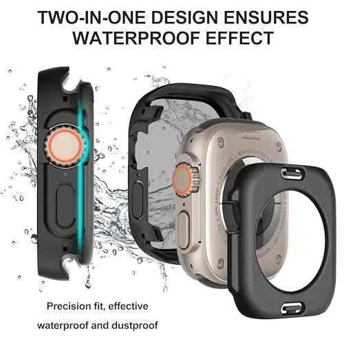 Suoman 3 in 1 Apple Watch Ultra 3/2/1 49mm suv o‘tkazmaydigan g‘ilofi, old shaxsiy temperlangan shisha ekran himoyachisi + orqa 360° himoya bamperi qopqog‘i-Qora - 5