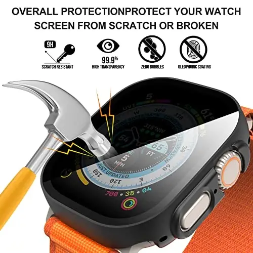 Suoman 3 in 1 Apple Watch Ultra 3/2/1 49mm suv o‘tkazmaydigan g‘ilofi, old shaxsiy temperlangan shisha ekran himoyachisi + orqa 360° himoya bamperi qopqog‘i-Qora - 3