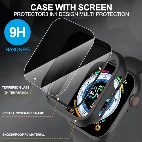 Suoman 3 in 1 for Apple Watch Series 11/10 42mm Waterproof Case, Front Privacy Tempered Glass Screen Protector + Back 360° Protective Bumper Cover -Black - 4