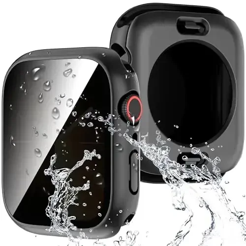 Suoman 3 in 1 for Apple Watch Series 9/8/7 45mm Waterproof Case, [Anti-Peeping] Front Privacy Tempered Glass Screen Protector + Back 360° Protective Bumper Cover -Black - 7