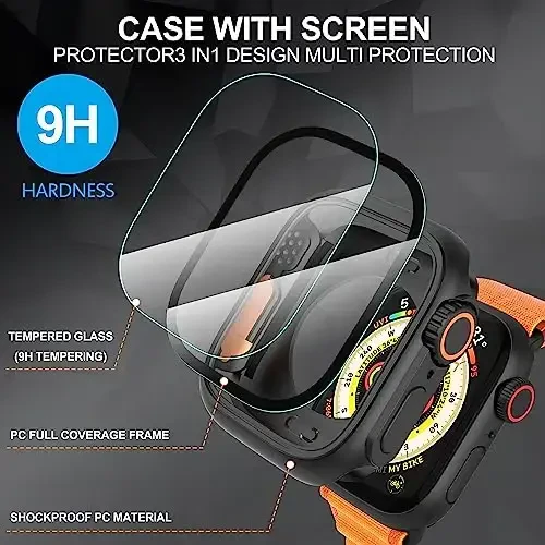 Suoman 3 in 1 for Apple Watch Series 9/8/7/6/5/4/SE 2 45mm Case, 9H Tempered Glass Screen Protector+ Full Coverage Durable PC Hard Matte Protective Cover Bumper -Black - 4