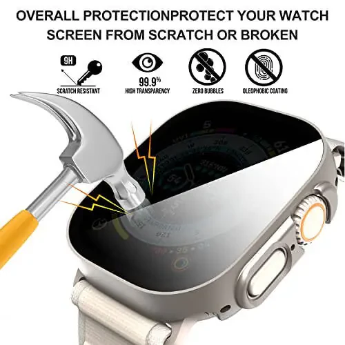 Suoman 3 ta 1 ta Apple Watch Ultra 2 / Ultra 49 mm suv o'tkazmaydigan maxfiylik ekran himoyachisi, qattiq shisha qopqoq old + orqa bamper 360° himoya qopqog'i iWatch Ultra 2 / Ultra 49 mm - Titan - 3