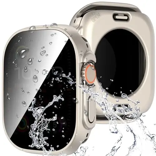 Suoman 3 ta 1 ta Apple Watch Ultra 2 / Ultra 49 mm suv o'tkazmaydigan maxfiylik ekran himoyachisi, qattiq shisha qopqoq old + orqa bamper 360° himoya qopqog'i iWatch Ultra 2 / Ultra 49 mm - Titan - SUOMAN