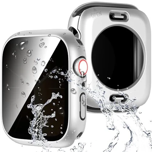 Suoman 3 in 1 for Apple Watch Series 6/5/4/SE 3/SE 2/SE 1 44mm Waterproof Case, Front Privacy Tempered Glass Screen Protector + Back 360° protective Bumper Cover -Silver 