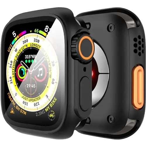 Suoman 3 in 1 for Apple Watch Series 9/8/7/6/5/4/SE 2 45mm Case, 9H Tempered Glass Screen Protector+ Full Coverage Durable PC Hard Matte Protective Cover Bumper -Black 