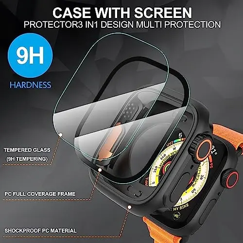 Suoman 3 in 1 for Apple Watch Series 9/8/7/6/5/4/SE 2 45mm Case, 9H Tempered Glass Screen Protector+ Full Coverage Durable PC Hard Matte Protective Cover Bumper -Black - 4