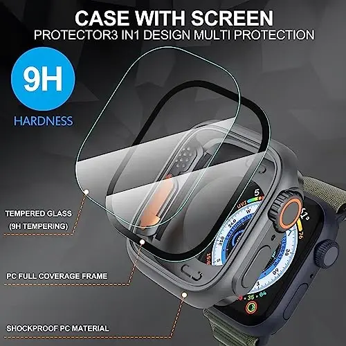 Suoman 3 in 1 for Apple Watch Series 9/8/7/6/5/4/SE 2 45mm Case, 9H Tempered Glass Screen Protector, Full Coverage Durable PC Hard Matte Protective Cover Bumper -Graphite Black - 4
