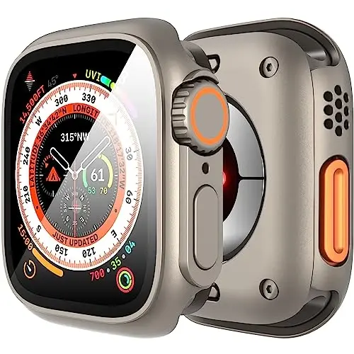 Suoman 3 in 1 for Apple Watch Series 9/8/7/6/5/4/SE 2 45mm Case, 9H Tempered Glass Screen Protector+ Full Coverage Durable PC Hard Matte Protective Cover Bumper -Titanium - 1