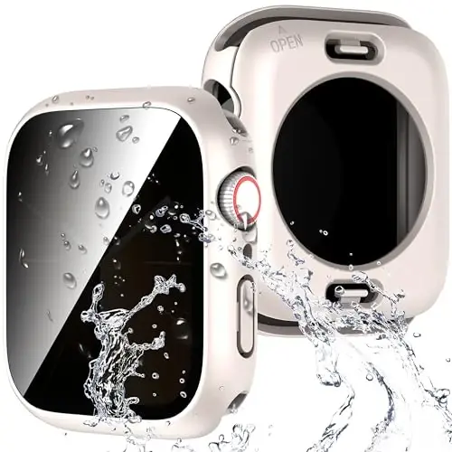 Suoman 3 in 1 for Apple Watch Series 9/8/7 45mm Waterproof Case, Front Privacy Tempered Glass Screen Protector + Back 360° protective Bumper Cover -Starlight - 1