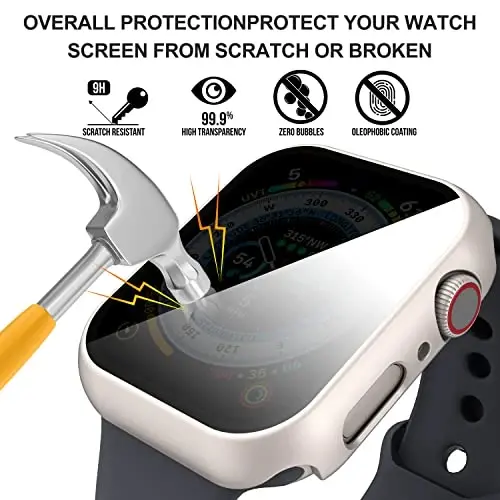 Suoman 3 in 1 for Apple Watch Series 9/8/7 45mm Waterproof Case, Front Privacy Tempered Glass Screen Protector + Back 360° protective Bumper Cover -Starlight - 3