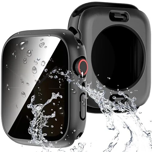 Suoman 3 in 1 for Apple Watch Series 6/5/4/SE 3/SE 2/SE 1 44mm Waterproof Case, [Anti-Peeping] Front Privacy Tempered Glass Screen Protector + Back 360° protective Bumper Cover -Black 