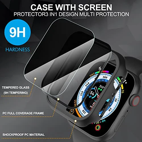 Suoman 3 in 1 for Apple Watch Series 6/5/4/SE 3/SE 2/SE 1 44mm Waterproof Case, [Anti-Peeping] Front Privacy Tempered Glass Screen Protector + Back 360° protective Bumper Cover -Black - 3