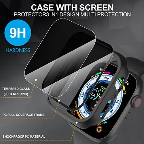 Suoman 3 in 1 for Apple Watch Series 6/5/4/SE 3/SE 2/SE 1 44mm Waterproof Case, [Anti-Peeping] Front Privacy Tempered Glass Screen Protector + Back 360° protective Bumper Cover -Black - 2