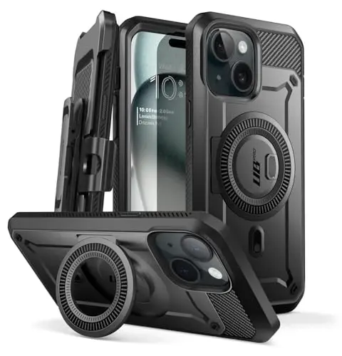 SUPCASE для iPhone 15 Plus Чехол с подставкой, [Совместим с MagSafe] [Встроенная защита экрана и зажим для ремня] [Защита от падения военного уровня] Магнитный чехол для телефона для iPhone 15 Plus, Черный - 1