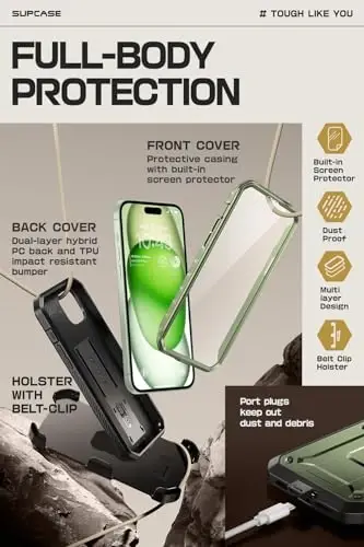 SUPCASE для iPhone 15 с подставкой и зажимом для ремня (Unicorn Beetle Pro), [Встроенная защита экрана] [Военная защита от падений] Сверхпрочный прочный чехол для iPhone 15 6.1 дюйма 2023, Guldan - 5
