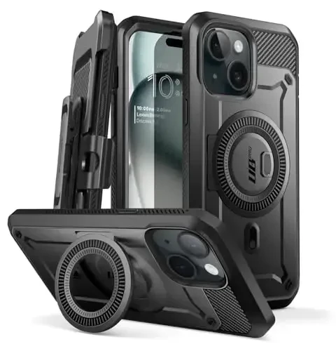 SUPCASE для iPhone 15 с подставкой (Unicorn Beetle Pro Mag), [Встроенная защита экрана и зажим для ремня] [Совместим с MagSafe] Магнитный чехол для телефона военного класса для iPhone 15/14/13, черный - 1