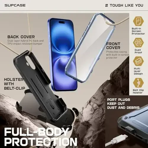 SUPCASE для iPhone 16 Case с защитной пленкой (Unicorn Beetle Pro), [Встроенная подставка и зажим для ремня] [Военная защита] Прочный чехол для iPhone 16 6.1'' 2024, Tilt - 5