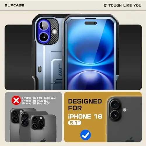 SUPCASE для iPhone 16 Case с защитной пленкой (Unicorn Beetle Pro), [Встроенная подставка и зажим для ремня] [Военная защита] Прочный чехол для iPhone 16 6.1'' 2024, Tilt - SUPCASE (1)