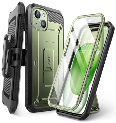 SUPCASE for iPhone 15 Case with Stand & Belt-Clip(Unicorn Beetle Pro), [Built-in Screen Protector] [Military-Grade Drop Protection] Heavy Duty Rugged Phone Case for iPhone 15 6.1 Inch 2023, Guldan 