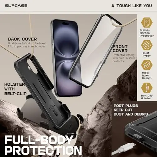SUPCASE for iPhone 16 Case with Screen Protector (Unicorn Beetle Pro), [Built-in Stand & Belt-Clip] [Military-Grade Protection] Full Body Heavy Duty Phone Case for iPhone 16 6.1'' 2024, Black - 5