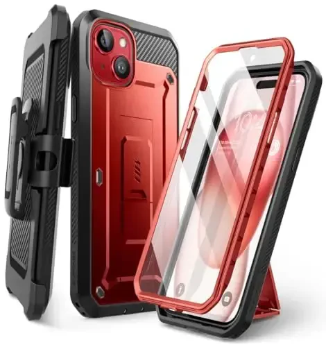 SUPCASE for iPhone 15 Case with Stand & Belt-Clip(Unicorn Beetle Pro), [Built-in Screen Protector] [Military-Grade Drop Protection] Heavy Duty Rugged Phone Case for iPhone 15 6.1 Inch 2023, Ruddy - SUPCASE