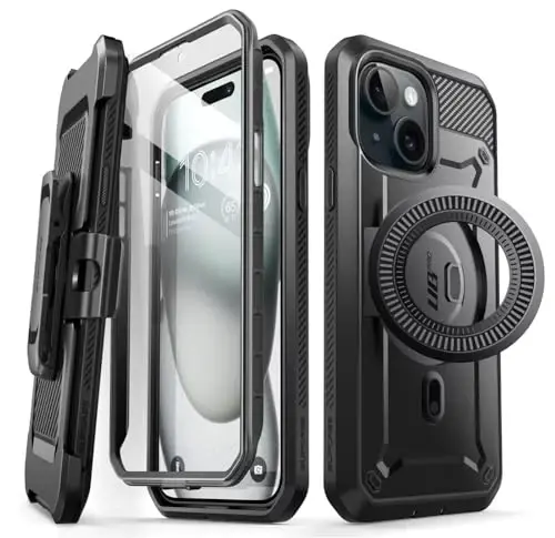 SUPCASE iPhone 15 Plus uchun stendli sumka, [MagSafe bilan mos] [Oʻrnatilgan ekran himoyasi va kamar klipi] [Harbiy darajadagi tushishdan himoya] iPhone 15 Plus uchun magnitli telefon sumkasi, Qora - 6
