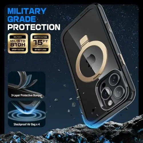 SUPCASE iPhone 16 Pro Max uchun g‘ilof, Kamera boshqaruv tugmasi (Unicorn Beetle Mag), [O‘rnatilgan stend] [MagSafe bilan mos] [Harbiy darajadagi himoya] Shaffof magnitli telefon g‘ilofi, Qora/Oltin - 5