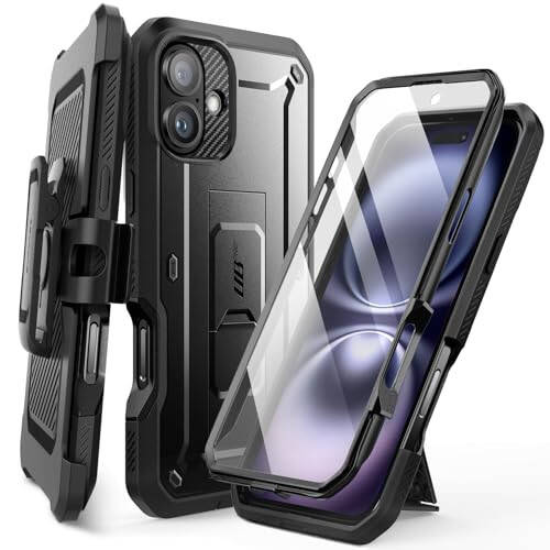 SUPCASE iPhone 16 uchun ekran himoyachisi bilan sumkasi (Unicorn Beetle Pro), [O'rnatilgan tayanch va kamar klipi] [Harbiy darajali himoya] iPhone 16 6.1'' 2024 uchun to'liq tanali bardoshli telefon sumkasi, qora - 1