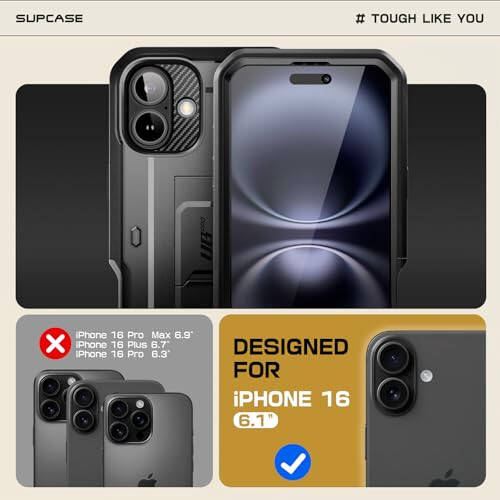 SUPCASE iPhone 16 uchun ekran himoyachisi bilan sumkasi (Unicorn Beetle Pro), [O'rnatilgan tayanch va kamar klipi] [Harbiy darajali himoya] iPhone 16 6.1'' 2024 uchun to'liq tanali bardoshli telefon sumkasi, qora - 2