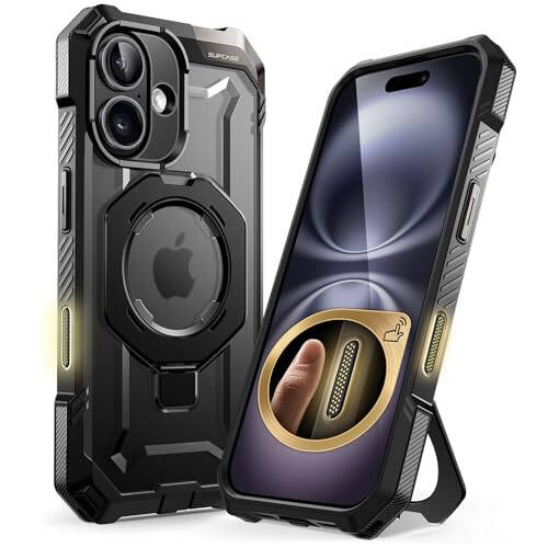 SUPCASE iPhone 16 uchun Kamera Boshqarish Yigʻish Tugmachali (Unicorn Beetle Grip), [MagSafe bilan Uyumli] Ogʻir Beruvchan Mustahkam Magnitli Stendli Telefon Qopqogʻi iPhone 16 6.1'' 2024 uchun, Qora - 1