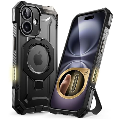 SUPCASE iPhone 16 uchun Kamera Boshqarish Yigʻish Tugmachali (Unicorn Beetle Grip), [MagSafe bilan Uyumli] Ogʻir Beruvchan Mustahkam Magnitli Stendli Telefon Qopqogʻi iPhone 16 6.1'' 2024 uchun, Qora - SUPCASE