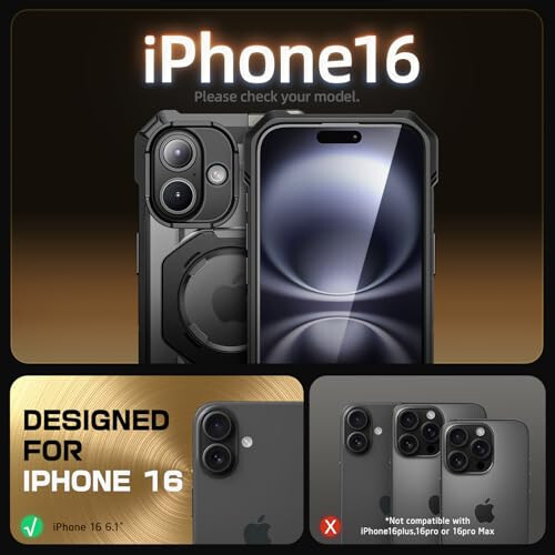 SUPCASE iPhone 16 uchun Kamera Boshqarish Yigʻish Tugmachali (Unicorn Beetle Grip), [MagSafe bilan Uyumli] Ogʻir Beruvchan Mustahkam Magnitli Stendli Telefon Qopqogʻi iPhone 16 6.1'' 2024 uchun, Qora - SUPCASE (1)