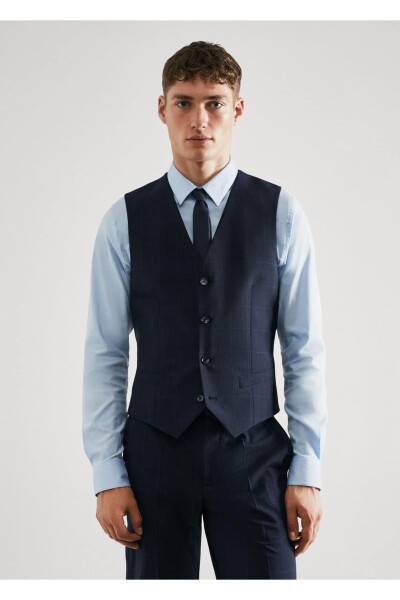 Süper Slim Fit Kareli Yelek - Lacivert - 1