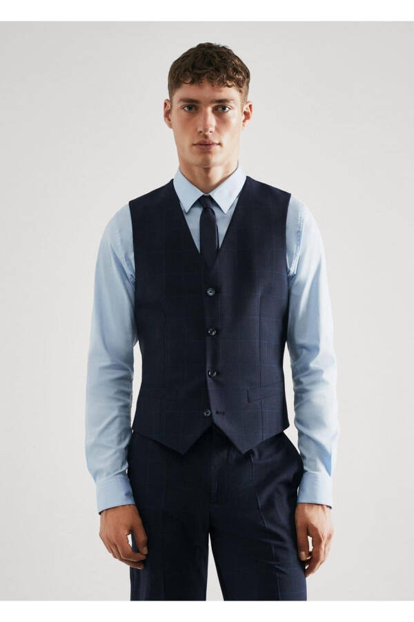 Süper Slim Fit Kareli Yelek - Lacivert - 1