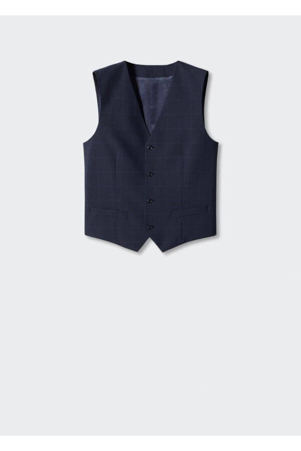 Süper Slim Fit Kareli Yelek - Lacivert - 3