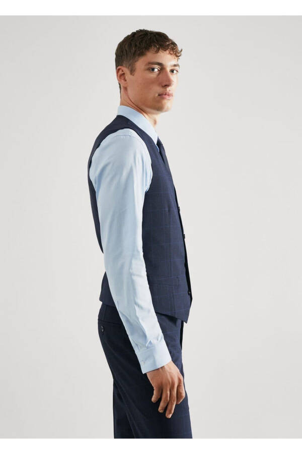 Süper Slim Fit Kareli Yelek - Lacivert - 7