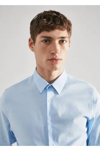 Süper Slim Fit Poplin Gömlek - Gök Mavisi - 5