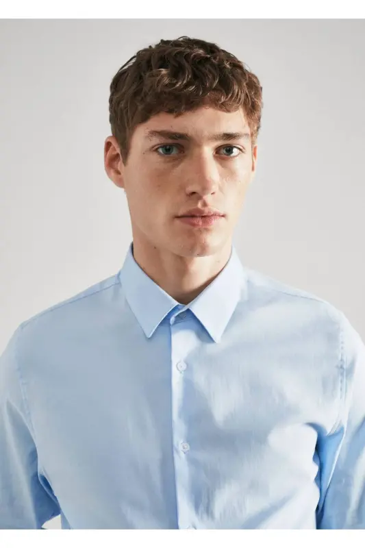 Süper Slim Fit Poplin Gömlek - Gök Mavisi - 5