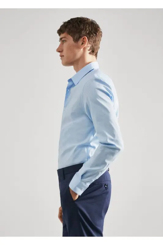Süper Slim Fit Poplin Gömlek - Gök Mavisi - 7