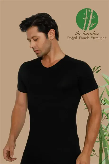 Super Slim Natural Men's Bamboo T-Shirt V Neck Navy Blue - 1