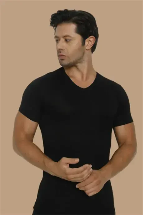 Super Slim Natural Men's Bamboo T-Shirt V Neck Navy Blue - 3