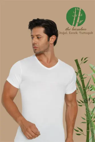 Super Thin Natural Men's Bamboo T-Shirt V Neck White - 1
