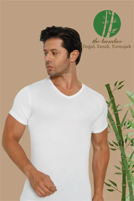 Super Thin Natural Men's Bamboo T-Shirt V Neck White - 1