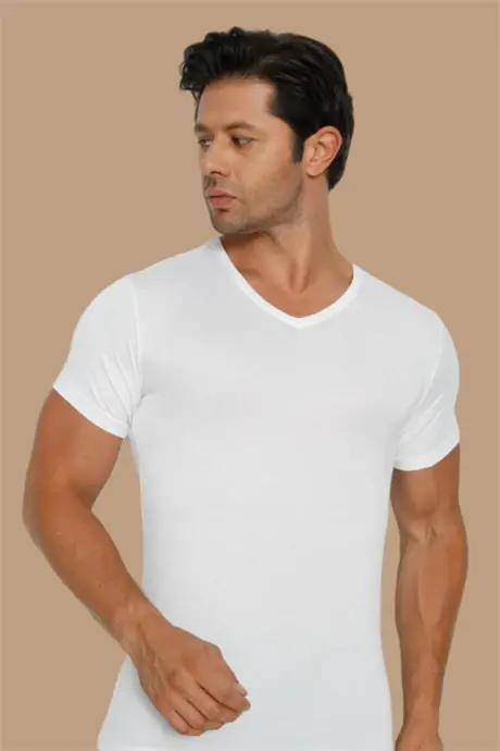 Super Thin Natural Men's Bamboo T-Shirt V Neck White - 2