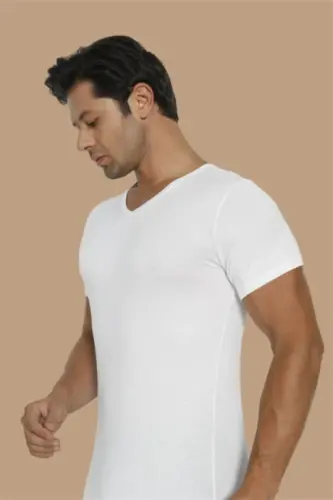 Super Thin Natural Men's Bamboo T-Shirt V Neck White - 3