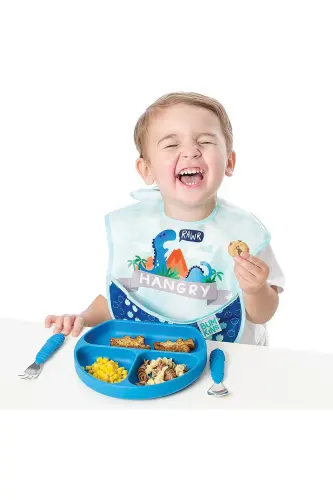 Superbib Bebek Mama Önlüğü 3'lü Paket Hungry, Dinosaurs, Blue Tropic 6-24 Ay - BUMKINS (1)